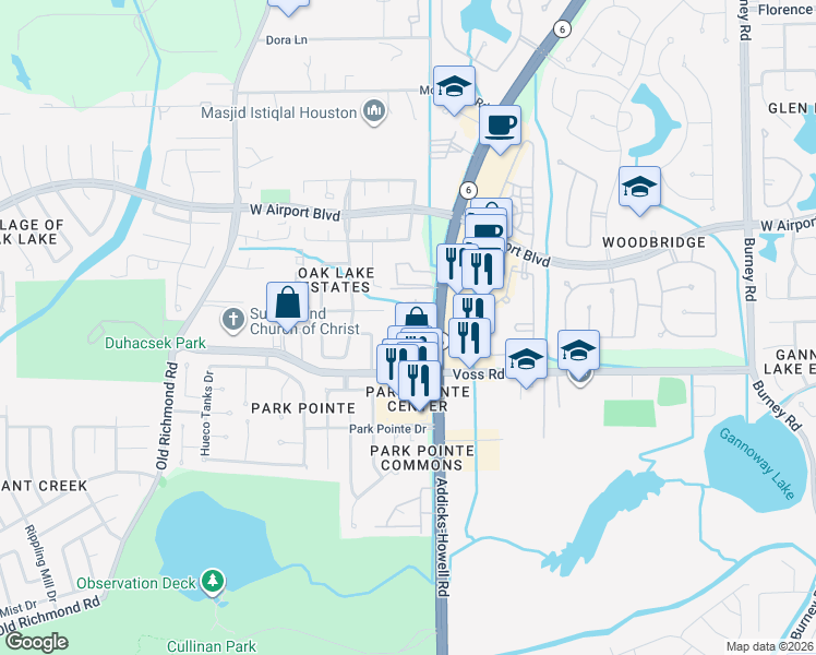map of restaurants, bars, coffee shops, grocery stores, and more near 15203 Oak View Trail in Sugar Land