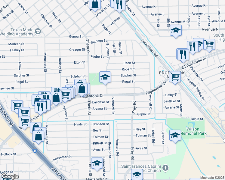 map of restaurants, bars, coffee shops, grocery stores, and more near 650 Shawnee Street in Houston