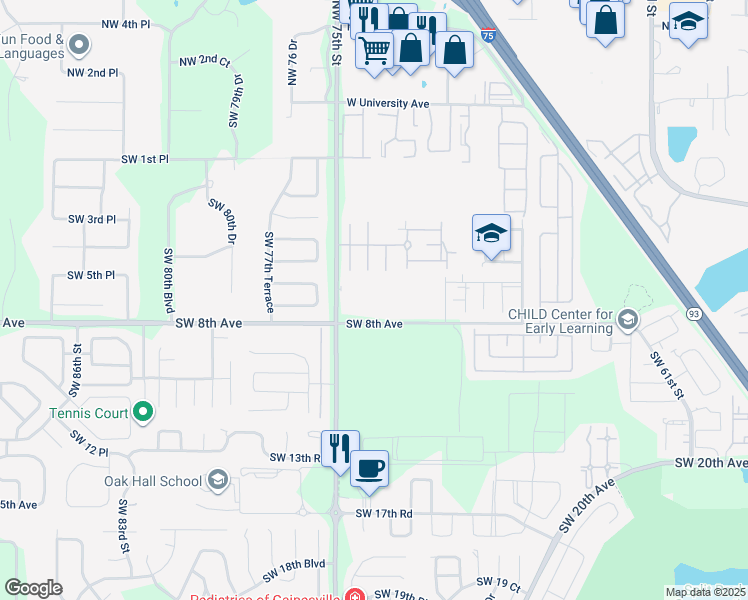 map of restaurants, bars, coffee shops, grocery stores, and more near 713 Southwest 75th Street in Gainesville