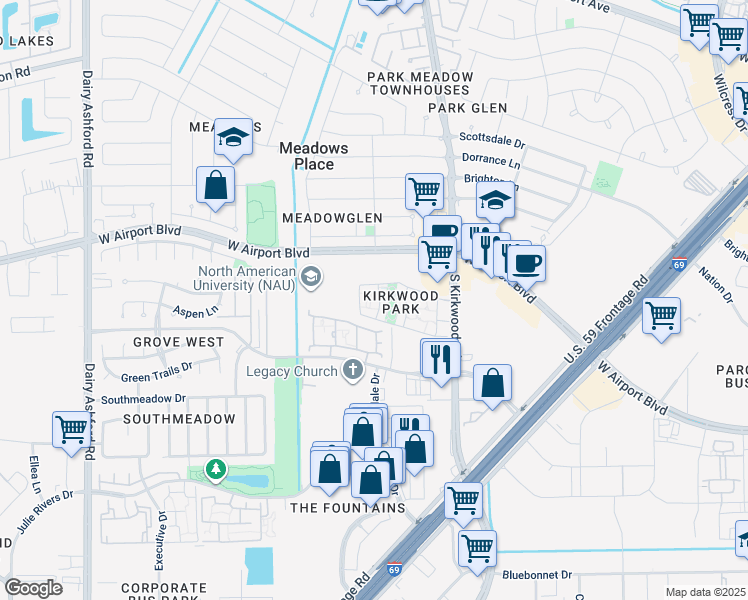 map of restaurants, bars, coffee shops, grocery stores, and more near 12250 South Kirkwood Road in Stafford