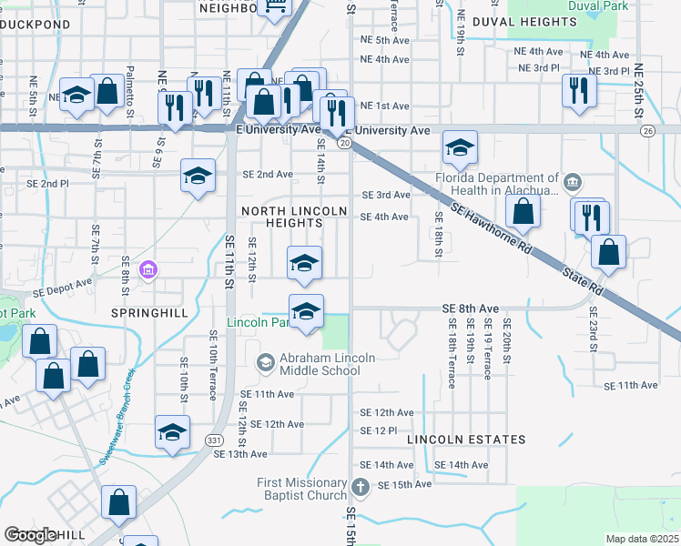 map of restaurants, bars, coffee shops, grocery stores, and more near 1426 Southeast 7th Avenue in Gainesville