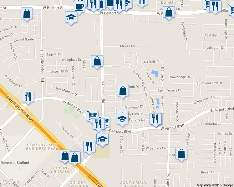 map of restaurants, bars, coffee shops, grocery stores, and more near 12115 Ripple Glen Drive in Houston