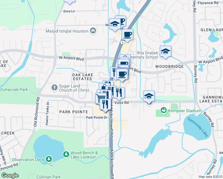 map of restaurants, bars, coffee shops, grocery stores, and more near 11637 South Texas 6 in Sugar Land