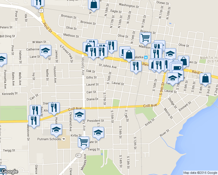 map of restaurants, bars, coffee shops, grocery stores, and more near 319 South 16th Street in Palatka