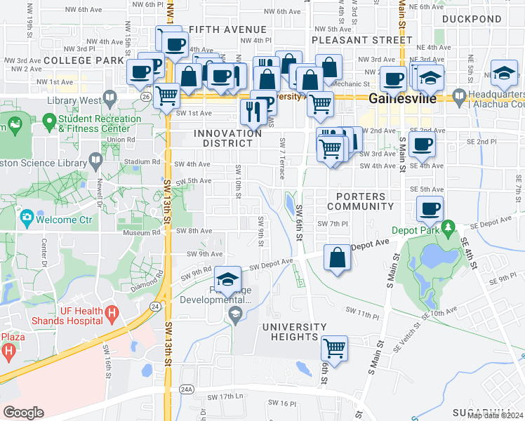 map of restaurants, bars, coffee shops, grocery stores, and more near 629a Southwest 9th Street in Gainesville