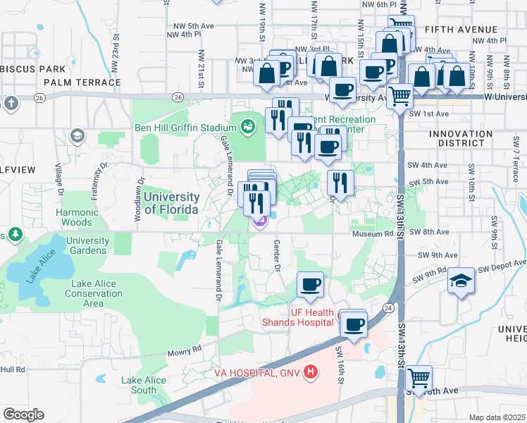 map of restaurants, bars, coffee shops, grocery stores, and more near in Gainesville