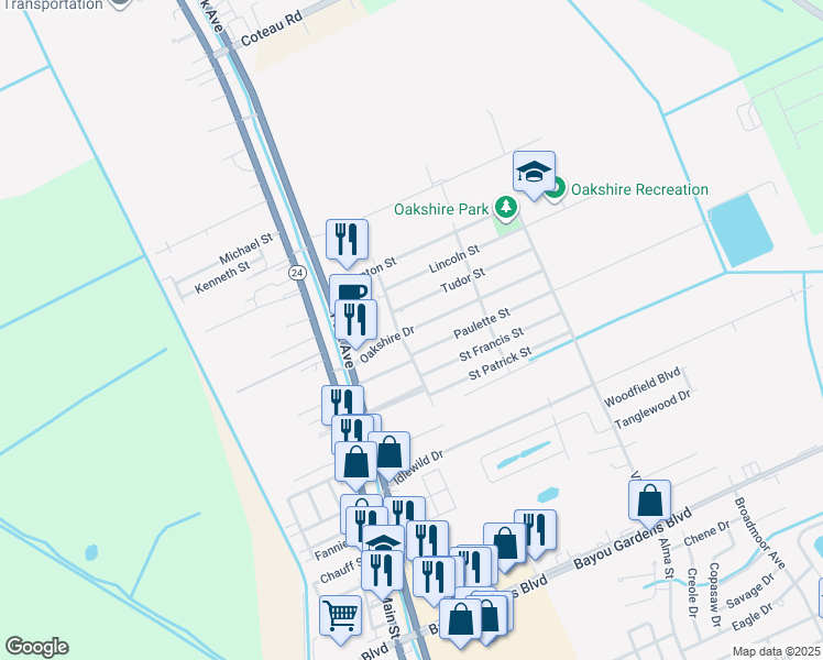 map of restaurants, bars, coffee shops, grocery stores, and more near 205 Oakshire Drive in Houma