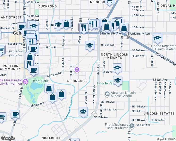 map of restaurants, bars, coffee shops, grocery stores, and more near 934 Southeast 7th Avenue in Gainesville
