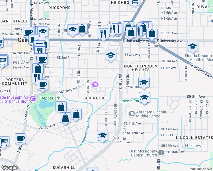 map of restaurants, bars, coffee shops, grocery stores, and more near 934 Southeast 7th Avenue in Gainesville