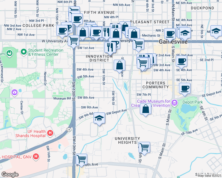 map of restaurants, bars, coffee shops, grocery stores, and more near 629a Southwest 9th Street in Gainesville