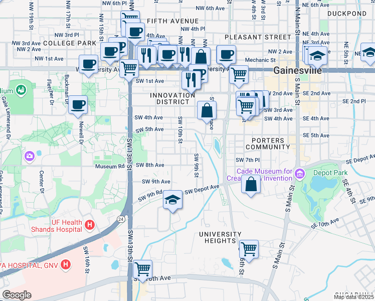 map of restaurants, bars, coffee shops, grocery stores, and more near 620 Southwest 10th Street in Gainesville