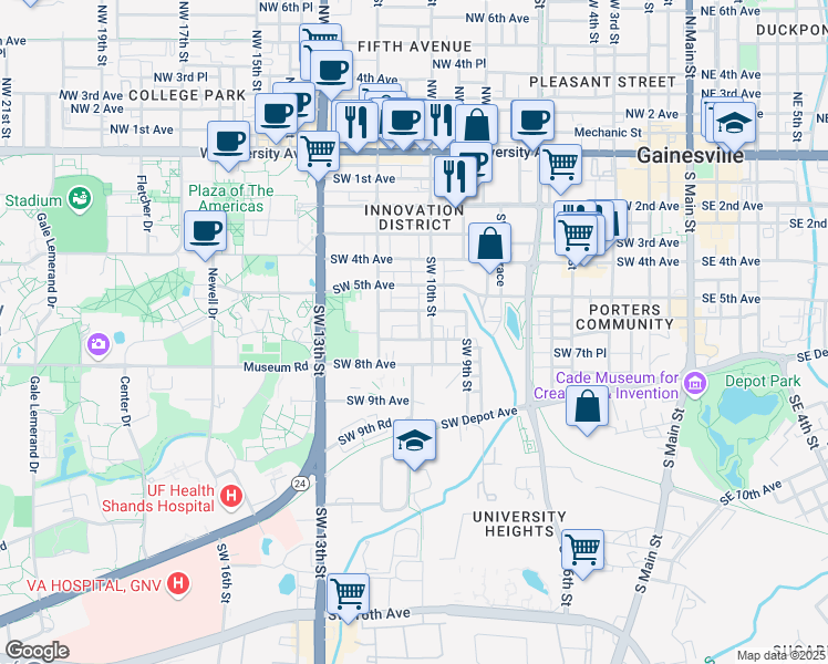 map of restaurants, bars, coffee shops, grocery stores, and more near 620 Southwest 10th Street in Gainesville