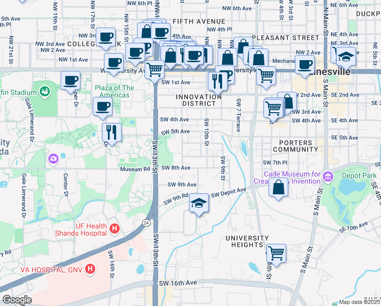 map of restaurants, bars, coffee shops, grocery stores, and more near 1114 Southwest 7th Avenue in Gainesville