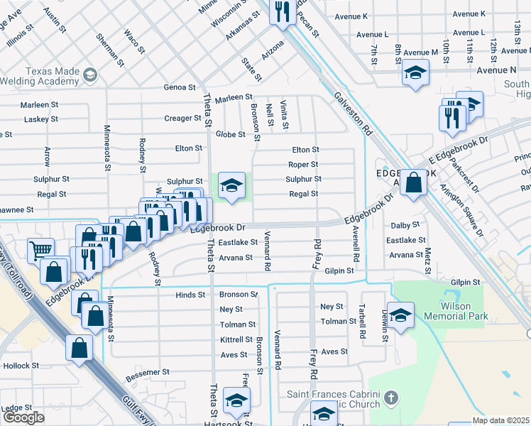 map of restaurants, bars, coffee shops, grocery stores, and more near 650 Shawnee Street in Houston