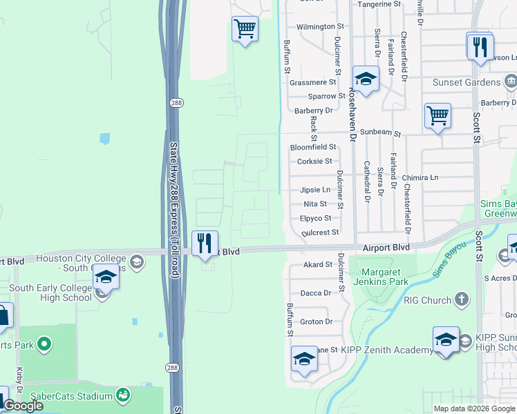 map of restaurants, bars, coffee shops, grocery stores, and more near 10418 Buffum Street in Houston