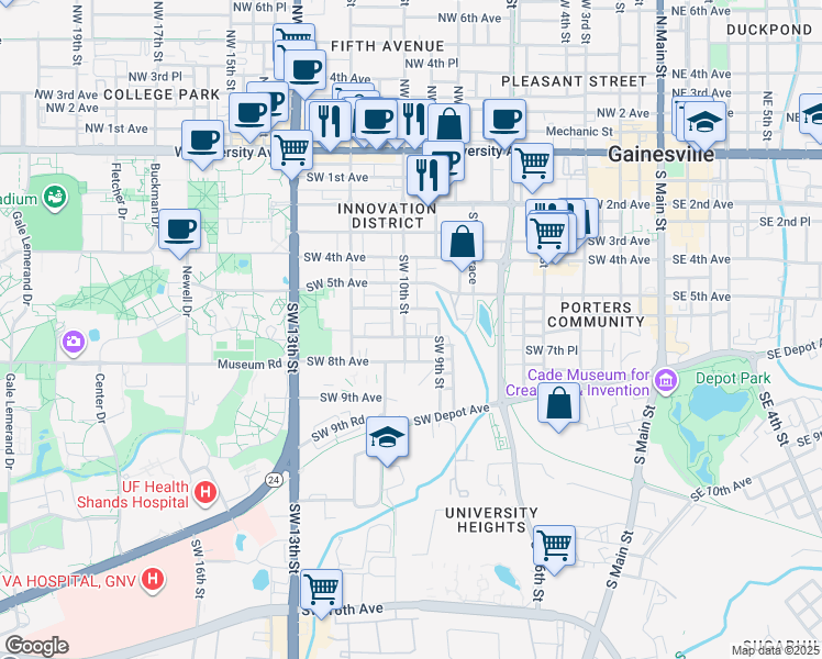 map of restaurants, bars, coffee shops, grocery stores, and more near 620 Southwest 10th Street in Gainesville