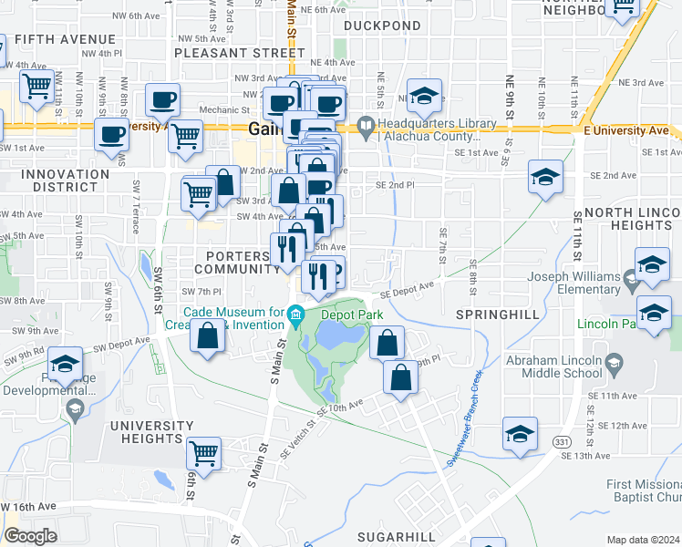 map of restaurants, bars, coffee shops, grocery stores, and more near 700 Southeast 3rd Street in Gainesville