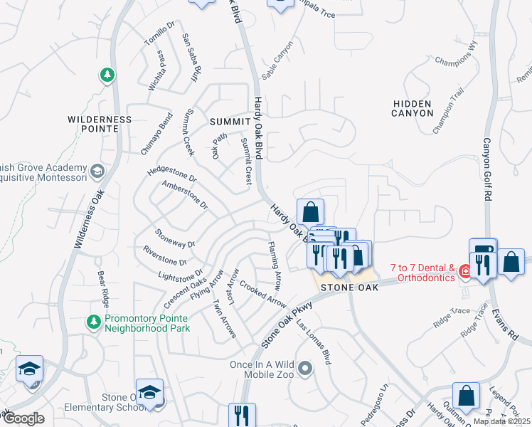 map of restaurants, bars, coffee shops, grocery stores, and more near 25003 Stepstone Drive in San Antonio