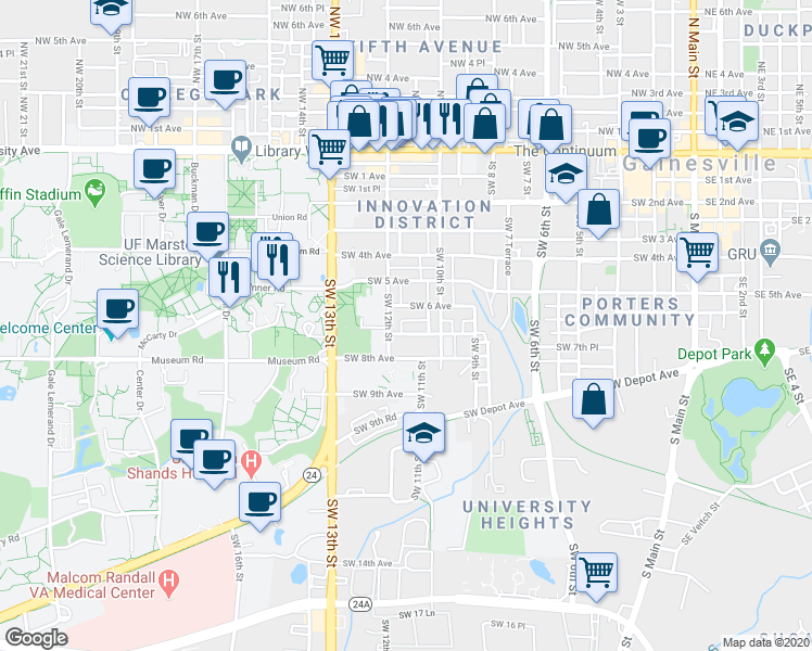 map of restaurants, bars, coffee shops, grocery stores, and more near 1114 Southwest 7th Avenue in Gainesville