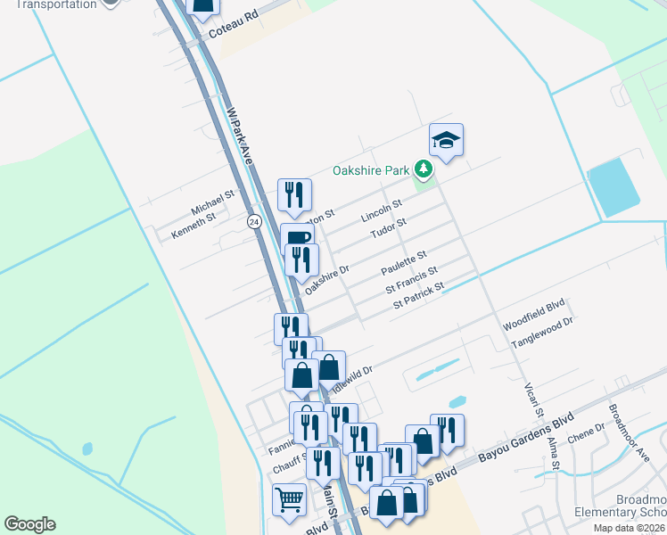 map of restaurants, bars, coffee shops, grocery stores, and more near 165 Oakshire Drive in Houma