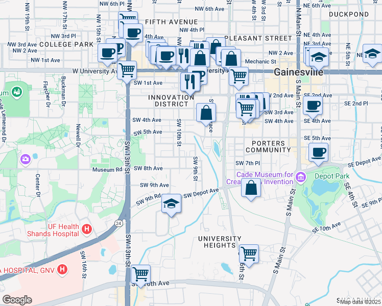 map of restaurants, bars, coffee shops, grocery stores, and more near 629a Southwest 9th Street in Gainesville