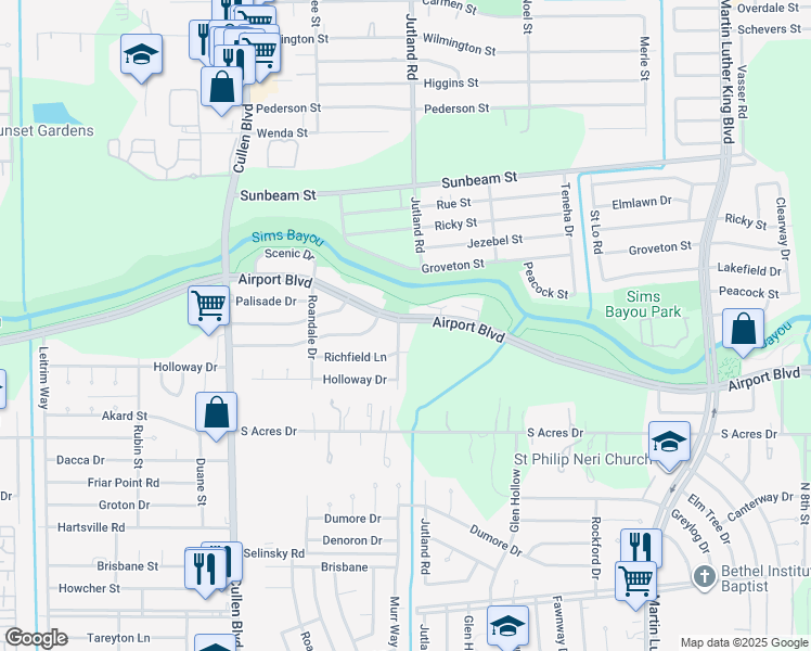 map of restaurants, bars, coffee shops, grocery stores, and more near 10501 Murr Way in Houston