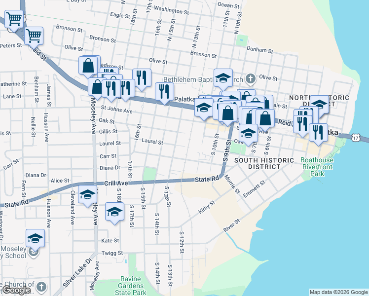 map of restaurants, bars, coffee shops, grocery stores, and more near 1207 Laurel Street in Palatka