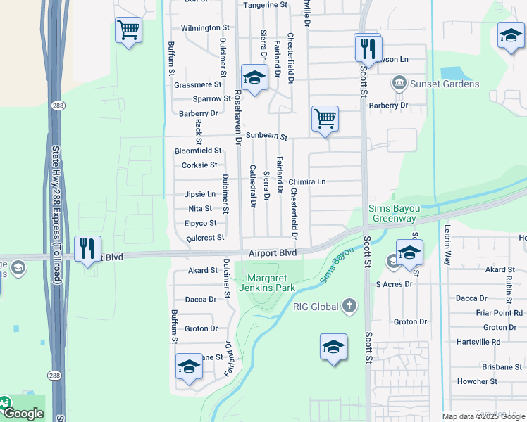 map of restaurants, bars, coffee shops, grocery stores, and more near 10418 Sierra Dr in Houston