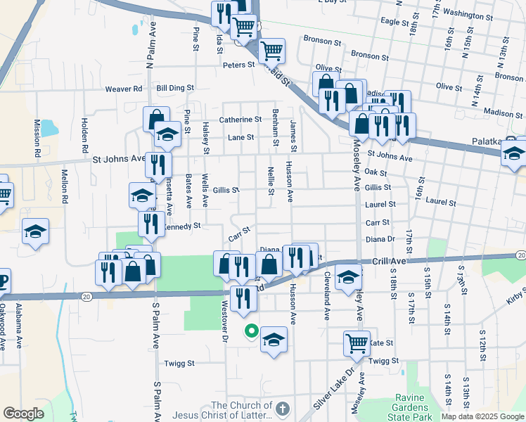 map of restaurants, bars, coffee shops, grocery stores, and more near 113 Florida Avenue in Palatka