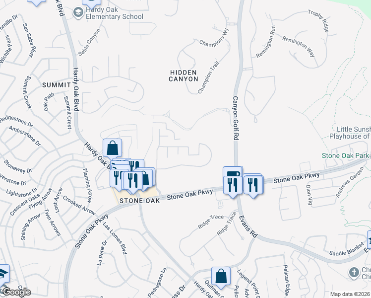 map of restaurants, bars, coffee shops, grocery stores, and more near 25415 Mesa Run in San Antonio