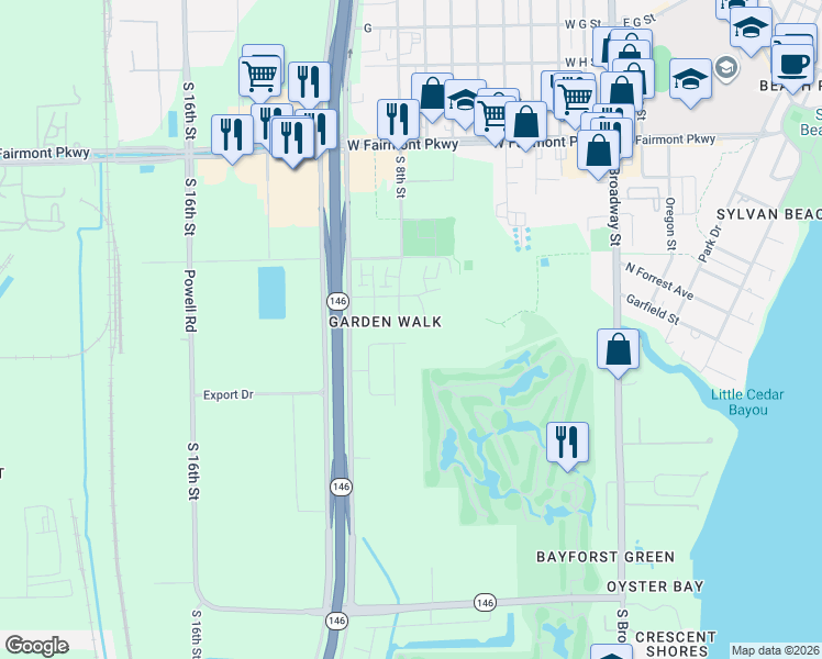 map of restaurants, bars, coffee shops, grocery stores, and more near 1524 Poplar Cove Street in La Porte