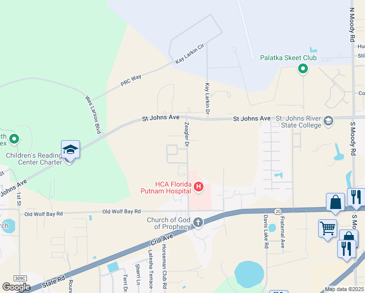 map of restaurants, bars, coffee shops, grocery stores, and more near 206 Zeagler Drive in Palatka