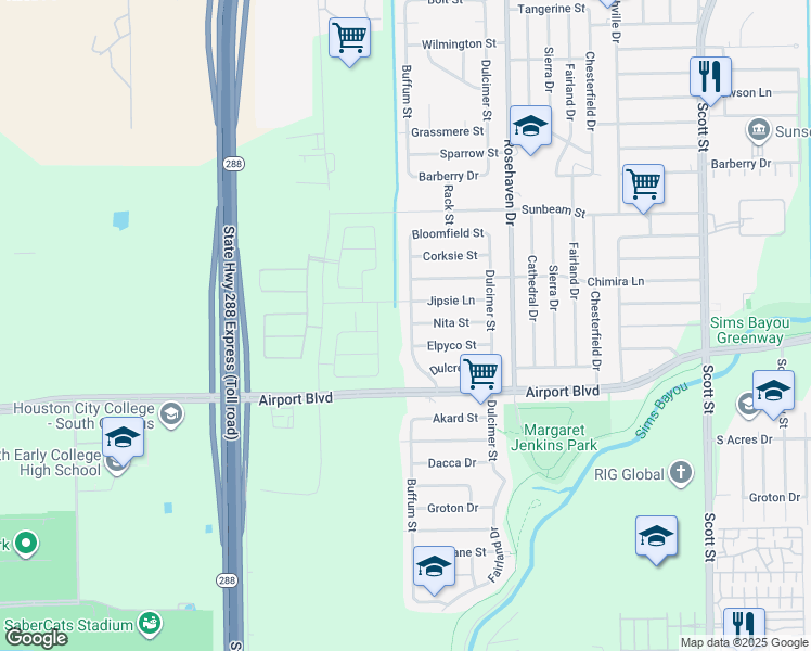 map of restaurants, bars, coffee shops, grocery stores, and more near 10418 Buffum Street in Houston