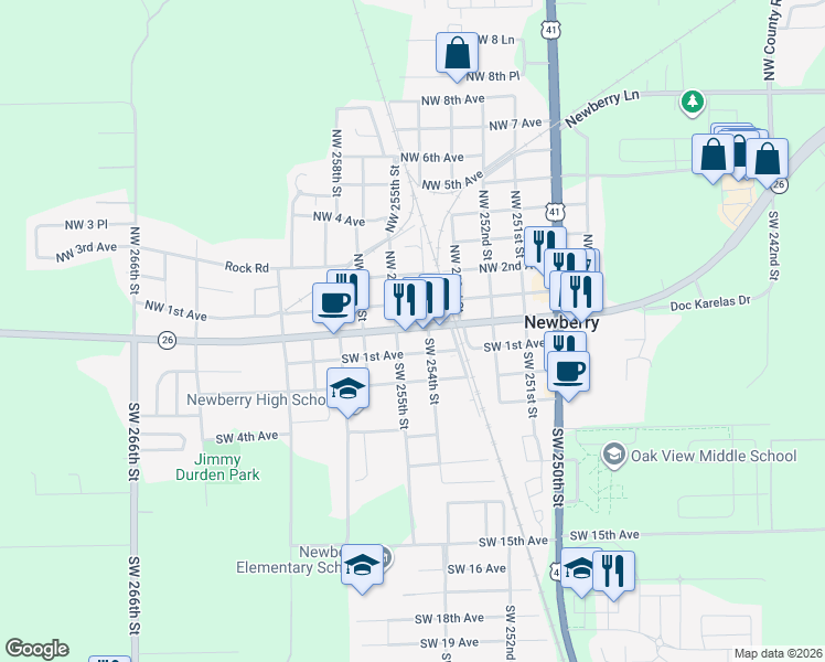 map of restaurants, bars, coffee shops, grocery stores, and more near 25445 West Newberry Road in Newberry