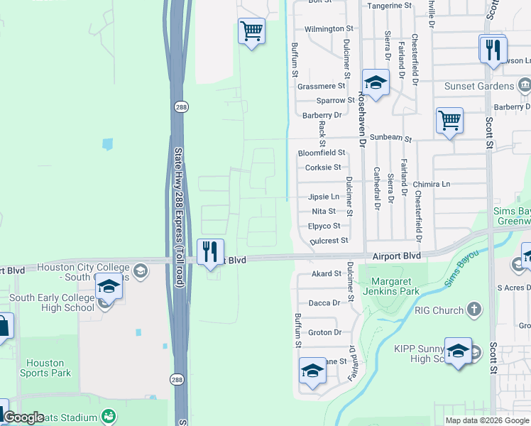 map of restaurants, bars, coffee shops, grocery stores, and more near 10418 Buffum Street in Houston
