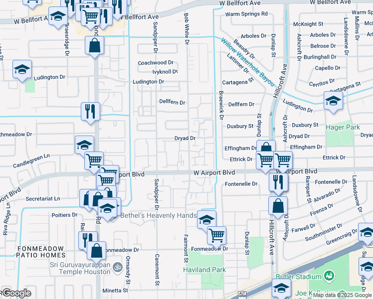 map of restaurants, bars, coffee shops, grocery stores, and more near 12128 Bob White Drive in Houston