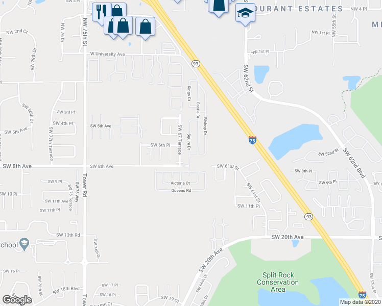 map of restaurants, bars, coffee shops, grocery stores, and more near 451 Squire Drive in Gainesville