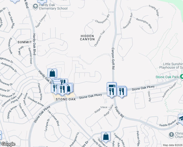 map of restaurants, bars, coffee shops, grocery stores, and more near 25415 Mesa Run in San Antonio
