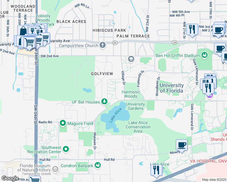 map of restaurants, bars, coffee shops, grocery stores, and more near 284 Corry Village in Gainesville