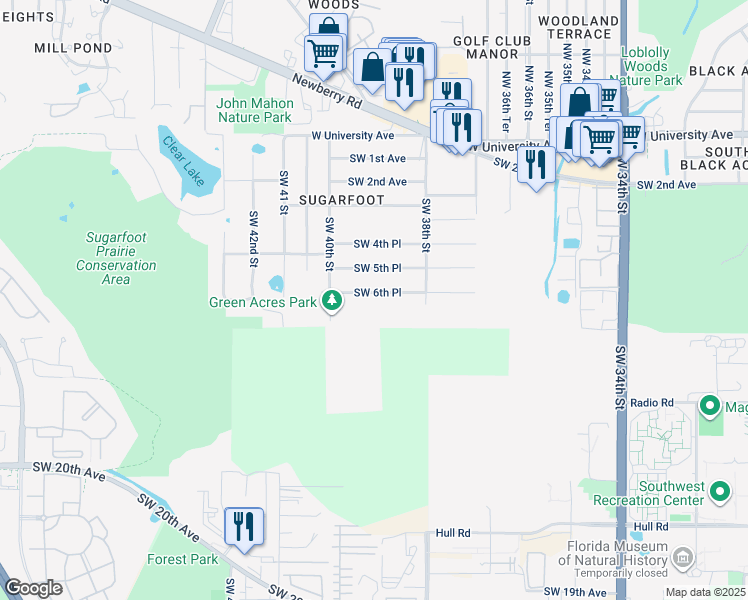 map of restaurants, bars, coffee shops, grocery stores, and more near 3907 Southwest 6th Place in Gainesville