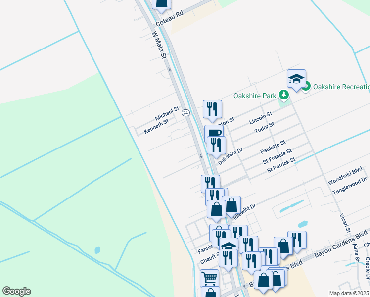 map of restaurants, bars, coffee shops, grocery stores, and more near 199 Morello Ct in Houma