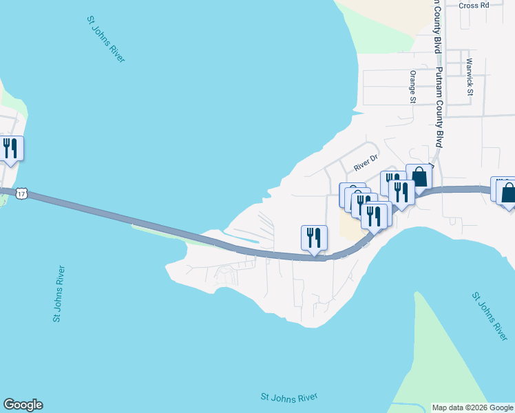 map of restaurants, bars, coffee shops, grocery stores, and more near 119 Sunset Point Road in East Palatka