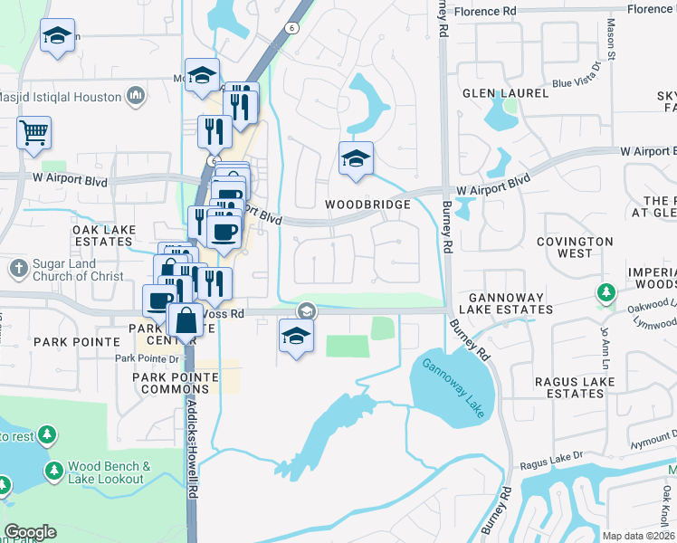 map of restaurants, bars, coffee shops, grocery stores, and more near 11535 Valley Pike Court in Sugar Land