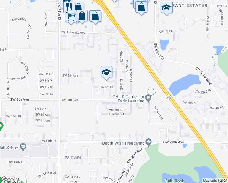 map of restaurants, bars, coffee shops, grocery stores, and more near 630 Southwest 67th Terrace in Gainesville