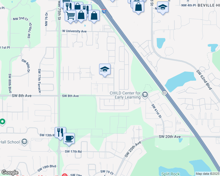map of restaurants, bars, coffee shops, grocery stores, and more near 630 Southwest 67th Terrace in Gainesville