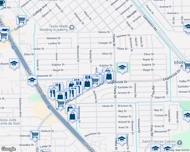 map of restaurants, bars, coffee shops, grocery stores, and more near 2334 Welk Street in Houston
