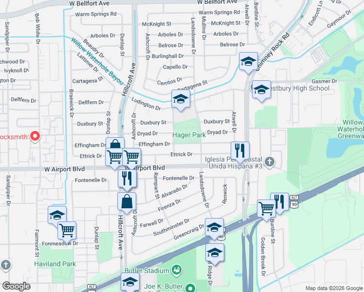 map of restaurants, bars, coffee shops, grocery stores, and more near 5739 Effingham Drive in Houston