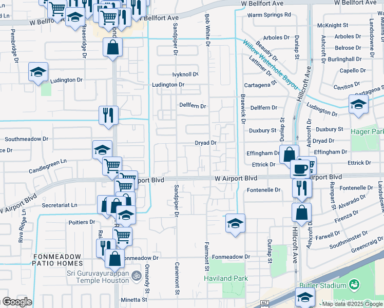 map of restaurants, bars, coffee shops, grocery stores, and more near 12207 Lemon Ridge Lane in Houston