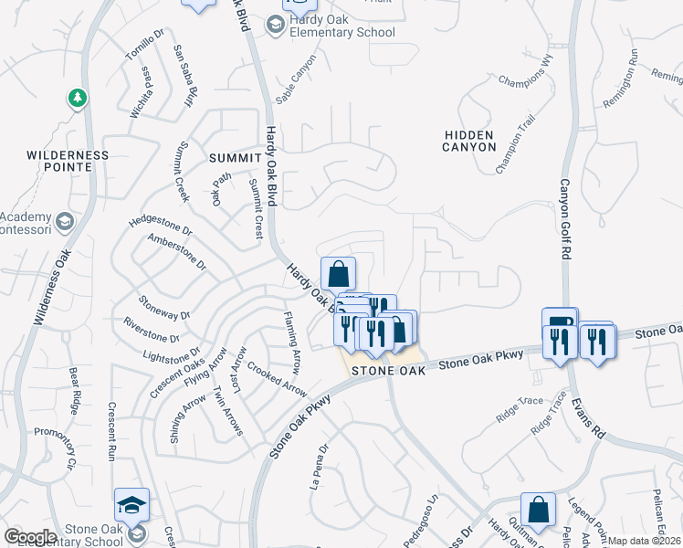 map of restaurants, bars, coffee shops, grocery stores, and more near 21935 Caprock Canyon in San Antonio