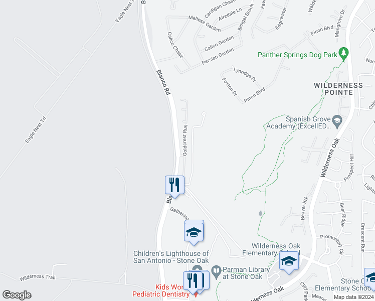 map of restaurants, bars, coffee shops, grocery stores, and more near 22002 Goldcrest Run in San Antonio
